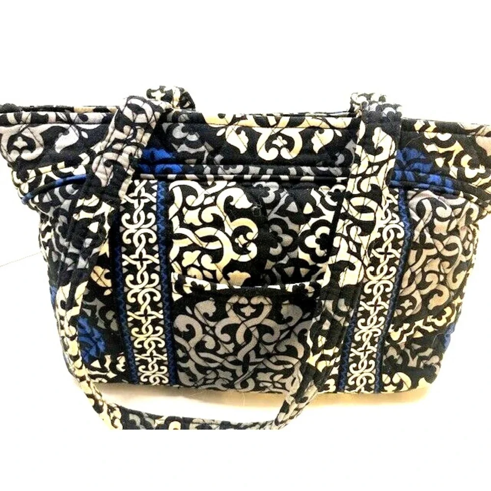 Vera Bradley Purse Canterbury Cobalt Pattern Blue Black White Double Strap‎